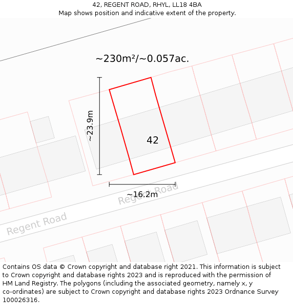 42, REGENT ROAD, RHYL, LL18 4BA: Plot and title map