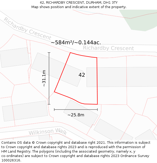 42, RICHARDBY CRESCENT, DURHAM, DH1 3TY: Plot and title map