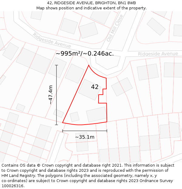 42, RIDGESIDE AVENUE, BRIGHTON, BN1 8WB: Plot and title map