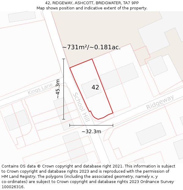 42, RIDGEWAY, ASHCOTT, BRIDGWATER, TA7 9PP: Plot and title map