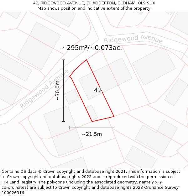 42, RIDGEWOOD AVENUE, CHADDERTON, OLDHAM, OL9 9UX: Plot and title map