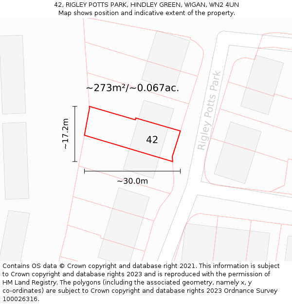 42, RIGLEY POTTS PARK, HINDLEY GREEN, WIGAN, WN2 4UN: Plot and title map