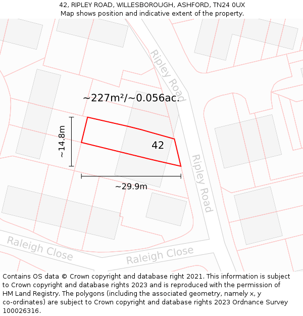 42, RIPLEY ROAD, WILLESBOROUGH, ASHFORD, TN24 0UX: Plot and title map