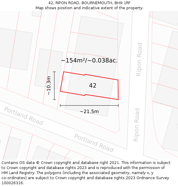 42, RIPON ROAD, BOURNEMOUTH, BH9 1RF: Plot and title map