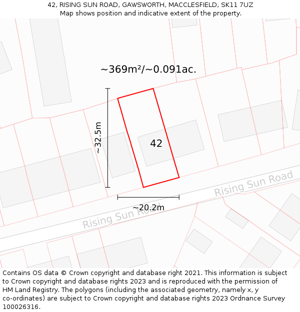 42, RISING SUN ROAD, GAWSWORTH, MACCLESFIELD, SK11 7UZ: Plot and title map