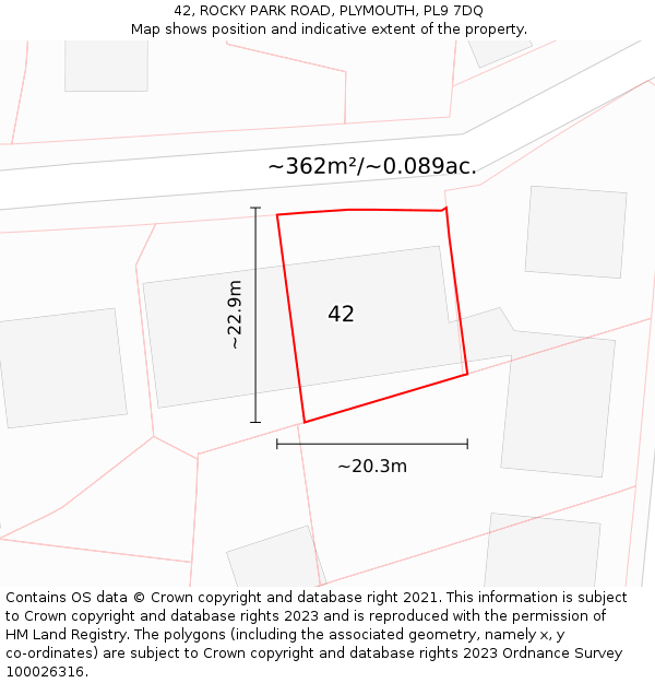 42, ROCKY PARK ROAD, PLYMOUTH, PL9 7DQ: Plot and title map