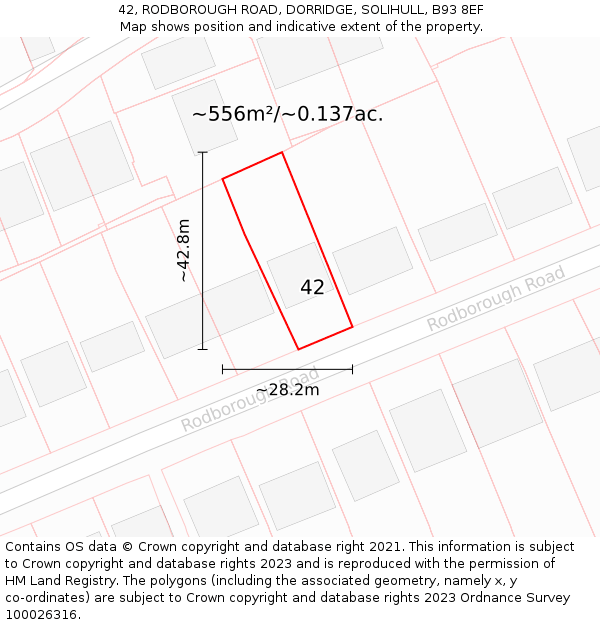 42, RODBOROUGH ROAD, DORRIDGE, SOLIHULL, B93 8EF: Plot and title map