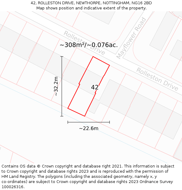 42, ROLLESTON DRIVE, NEWTHORPE, NOTTINGHAM, NG16 2BD: Plot and title map