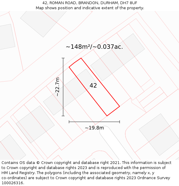 42, ROMAN ROAD, BRANDON, DURHAM, DH7 8UF: Plot and title map