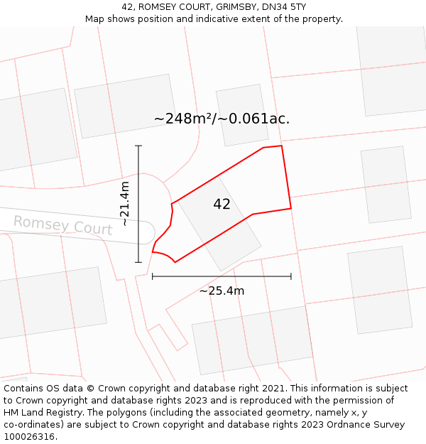 42, ROMSEY COURT, GRIMSBY, DN34 5TY: Plot and title map