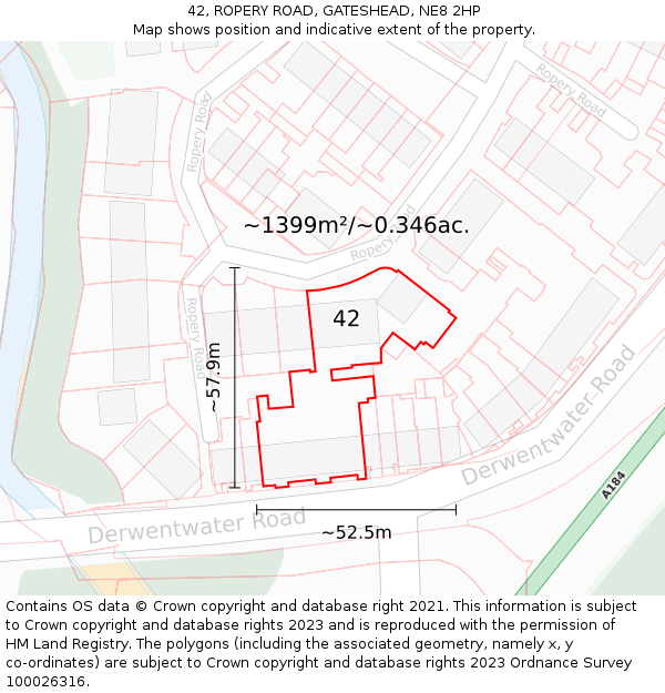 42, ROPERY ROAD, GATESHEAD, NE8 2HP: Plot and title map