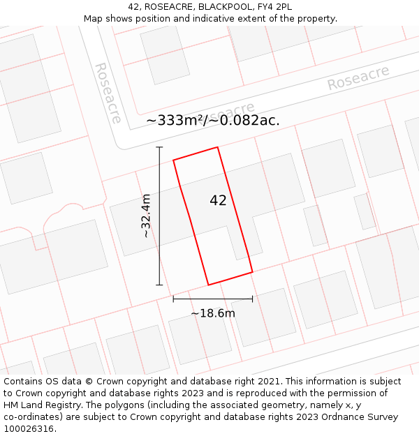 42, ROSEACRE, BLACKPOOL, FY4 2PL: Plot and title map