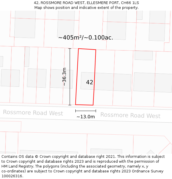 42, ROSSMORE ROAD WEST, ELLESMERE PORT, CH66 1LS: Plot and title map