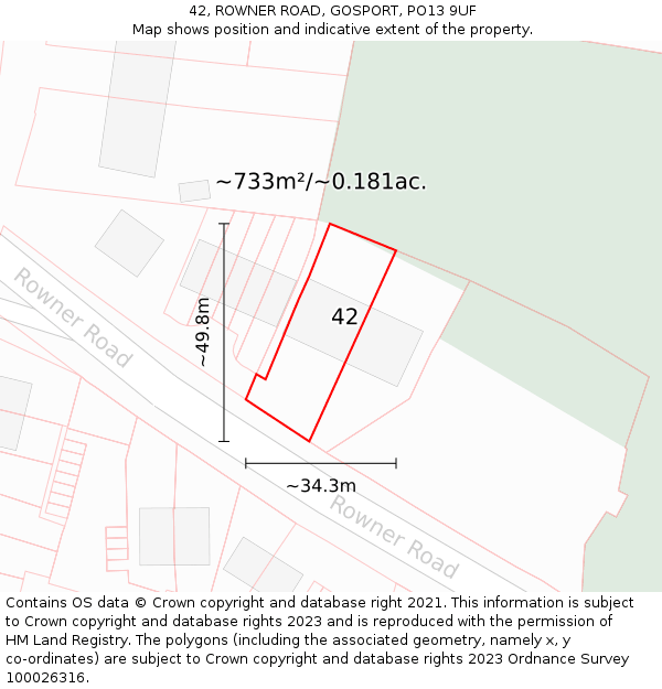 42, ROWNER ROAD, GOSPORT, PO13 9UF: Plot and title map