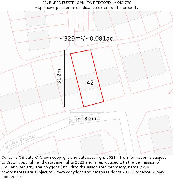 42, RUFFS FURZE, OAKLEY, BEDFORD, MK43 7RS: Plot and title map