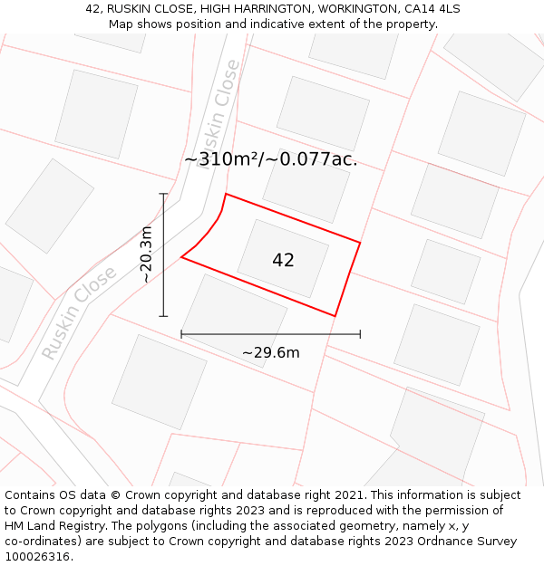 42, RUSKIN CLOSE, HIGH HARRINGTON, WORKINGTON, CA14 4LS: Plot and title map