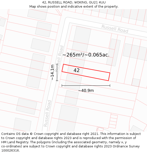 42, RUSSELL ROAD, WOKING, GU21 4UU: Plot and title map
