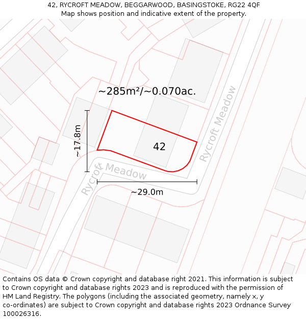 42, RYCROFT MEADOW, BEGGARWOOD, BASINGSTOKE, RG22 4QF: Plot and title map