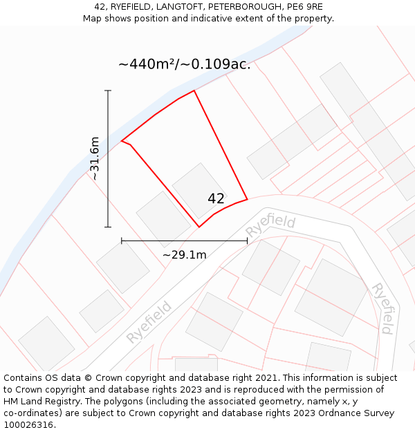 42, RYEFIELD, LANGTOFT, PETERBOROUGH, PE6 9RE: Plot and title map