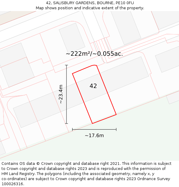 42, SALISBURY GARDENS, BOURNE, PE10 0FU: Plot and title map