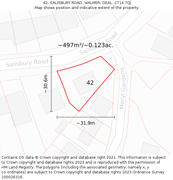 42, SALISBURY ROAD, WALMER, DEAL, CT14 7QJ: Plot and title map