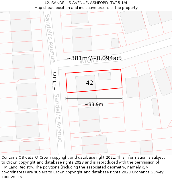 42, SANDELLS AVENUE, ASHFORD, TW15 1AL: Plot and title map