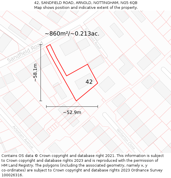 42, SANDFIELD ROAD, ARNOLD, NOTTINGHAM, NG5 6QB: Plot and title map