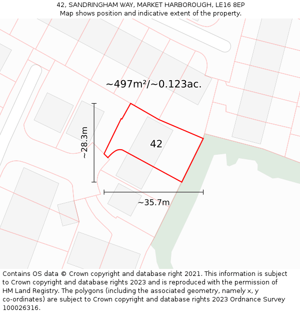 42, SANDRINGHAM WAY, MARKET HARBOROUGH, LE16 8EP: Plot and title map