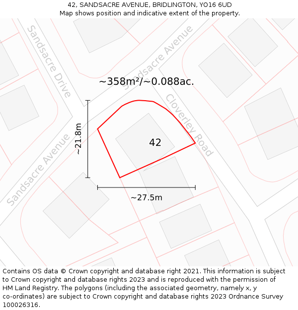 42, SANDSACRE AVENUE, BRIDLINGTON, YO16 6UD: Plot and title map