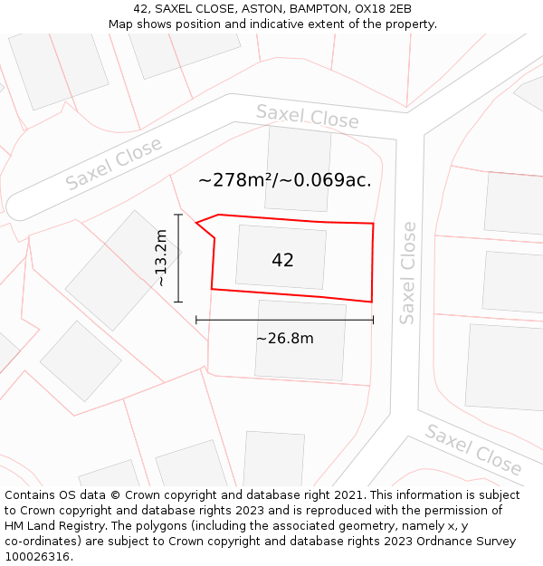 42, SAXEL CLOSE, ASTON, BAMPTON, OX18 2EB: Plot and title map