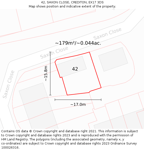 42, SAXON CLOSE, CREDITON, EX17 3DS: Plot and title map