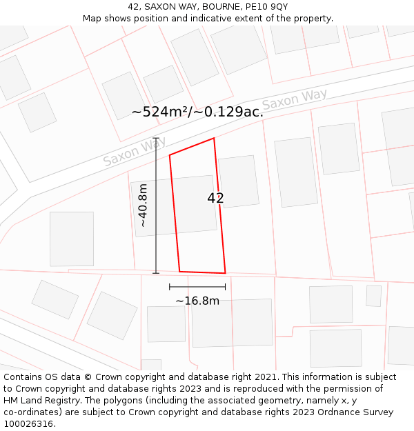 42, SAXON WAY, BOURNE, PE10 9QY: Plot and title map