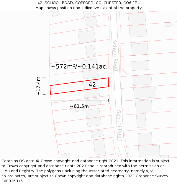 42, SCHOOL ROAD, COPFORD, COLCHESTER, CO6 1BU: Plot and title map