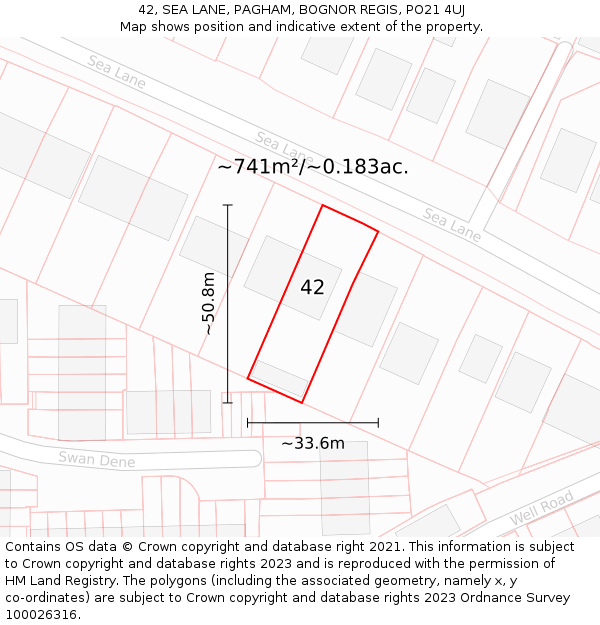 42, SEA LANE, PAGHAM, BOGNOR REGIS, PO21 4UJ: Plot and title map