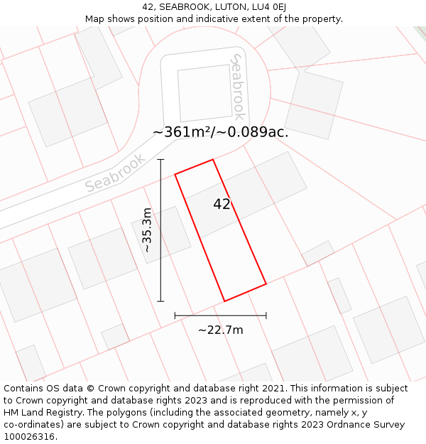 42, SEABROOK, LUTON, LU4 0EJ: Plot and title map