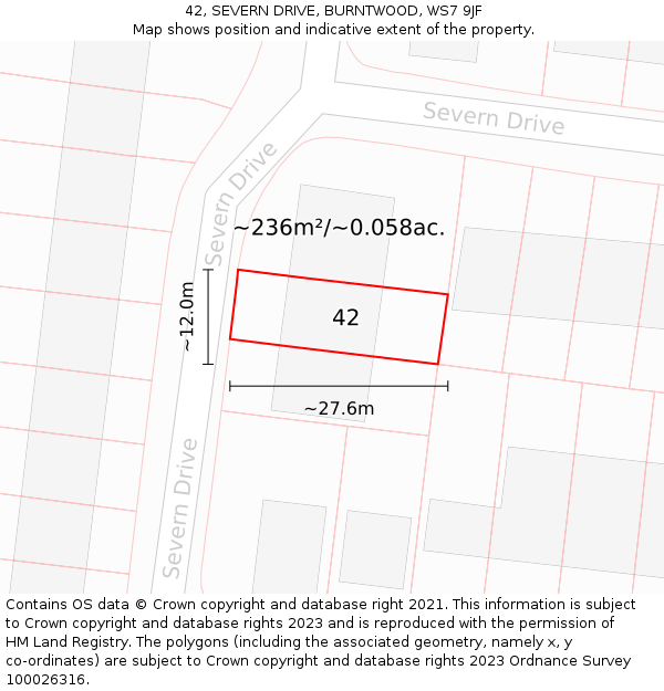 42, SEVERN DRIVE, BURNTWOOD, WS7 9JF: Plot and title map