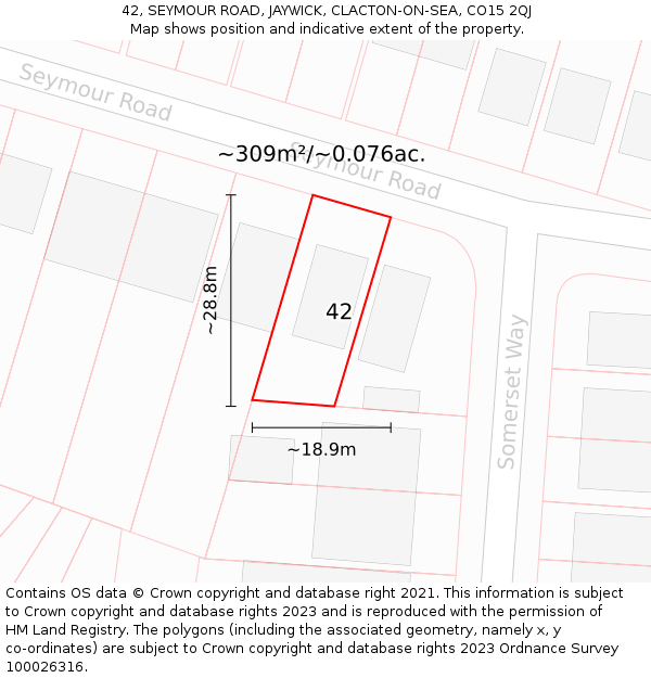 42, SEYMOUR ROAD, JAYWICK, CLACTON-ON-SEA, CO15 2QJ: Plot and title map