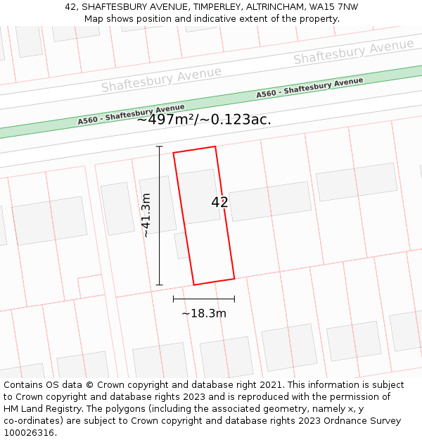 42, SHAFTESBURY AVENUE, TIMPERLEY, ALTRINCHAM, WA15 7NW: Plot and title map