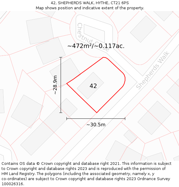 42, SHEPHERDS WALK, HYTHE, CT21 6PS: Plot and title map