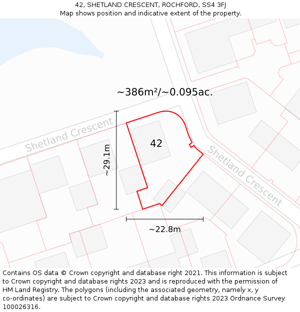 42, SHETLAND CRESCENT, ROCHFORD, SS4 3FJ: Plot and title map