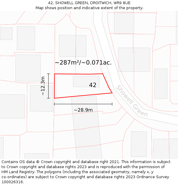 42, SHOWELL GREEN, DROITWICH, WR9 8UE: Plot and title map