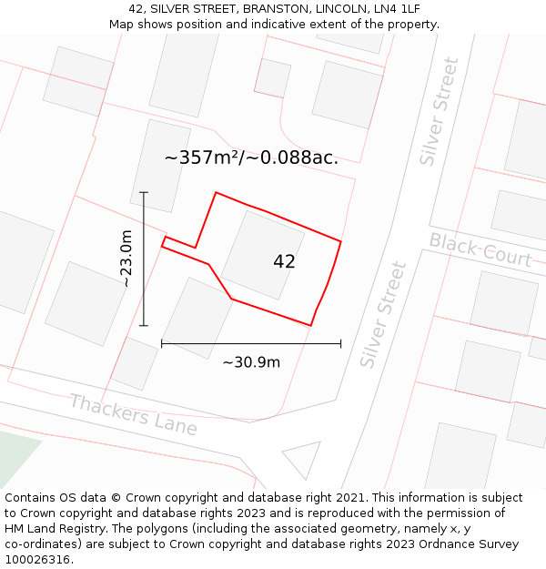 42, SILVER STREET, BRANSTON, LINCOLN, LN4 1LF: Plot and title map