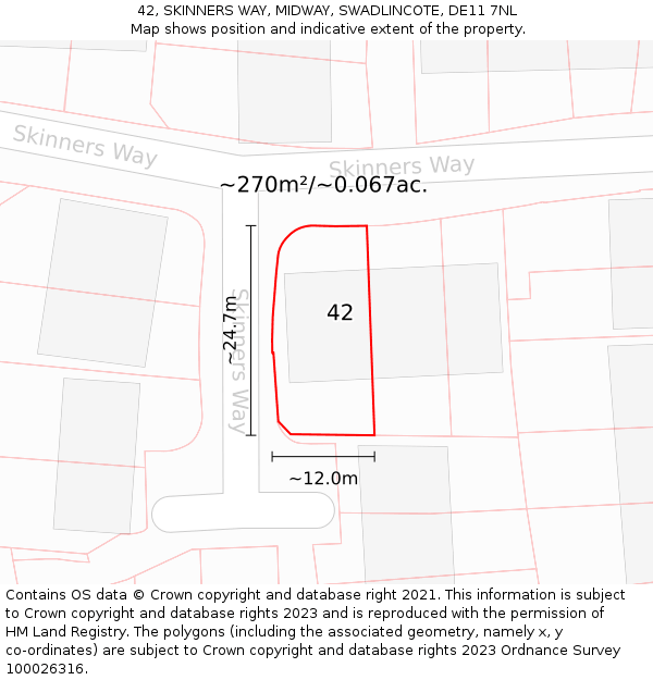 42, SKINNERS WAY, MIDWAY, SWADLINCOTE, DE11 7NL: Plot and title map