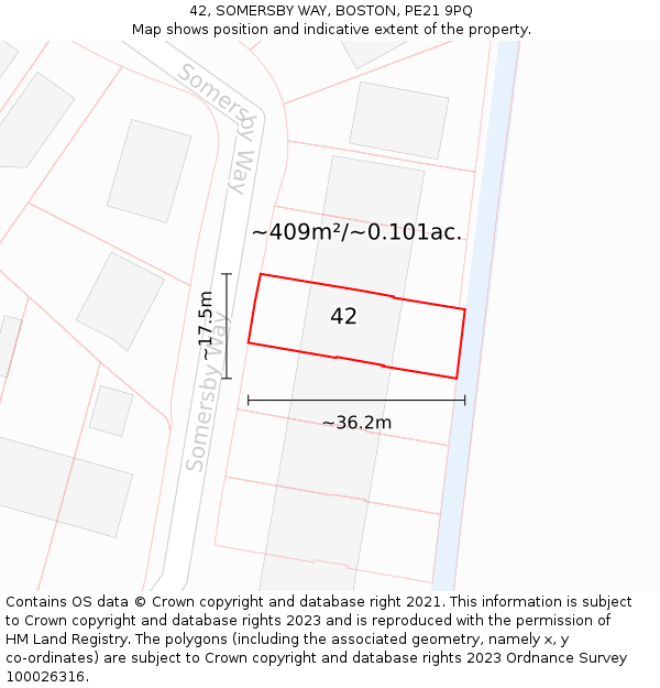 42, SOMERSBY WAY, BOSTON, PE21 9PQ: Plot and title map