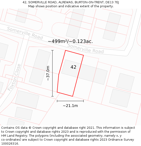 42, SOMERVILLE ROAD, ALREWAS, BURTON-ON-TRENT, DE13 7EJ: Plot and title map