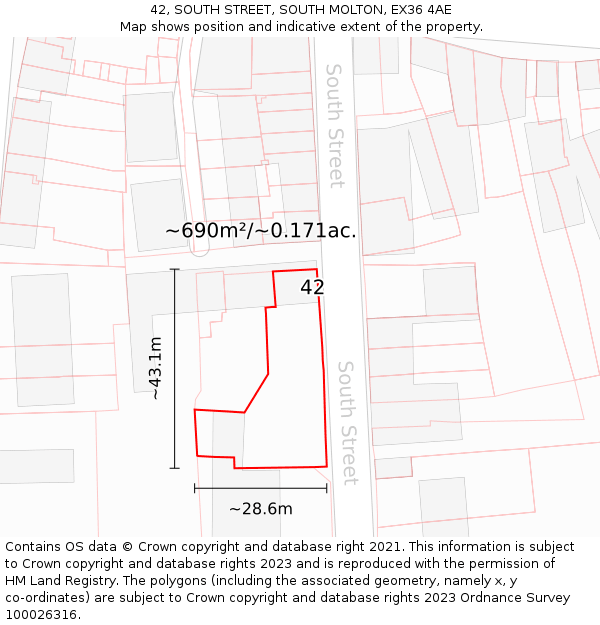 42, SOUTH STREET, SOUTH MOLTON, EX36 4AE: Plot and title map