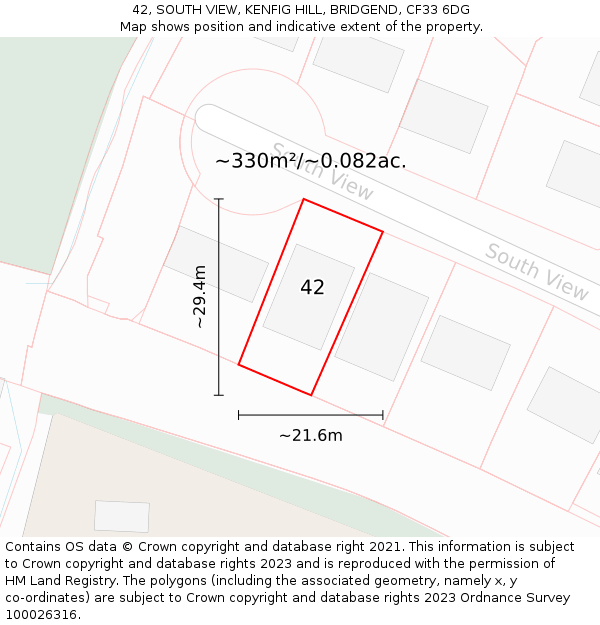 42, SOUTH VIEW, KENFIG HILL, BRIDGEND, CF33 6DG: Plot and title map