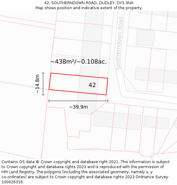 42, SOUTHERNDOWN ROAD, DUDLEY, DY3 3NA: Plot and title map