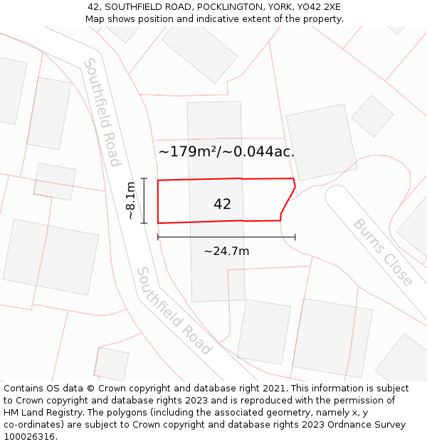 42, SOUTHFIELD ROAD, POCKLINGTON, YORK, YO42 2XE: Plot and title map