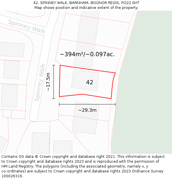 42, SPINNEY WALK, BARNHAM, BOGNOR REGIS, PO22 0HT: Plot and title map